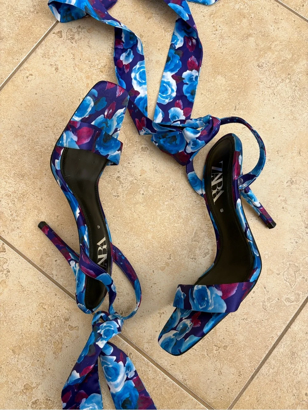 Zara Blue Floral Wrap-Heel Sandals